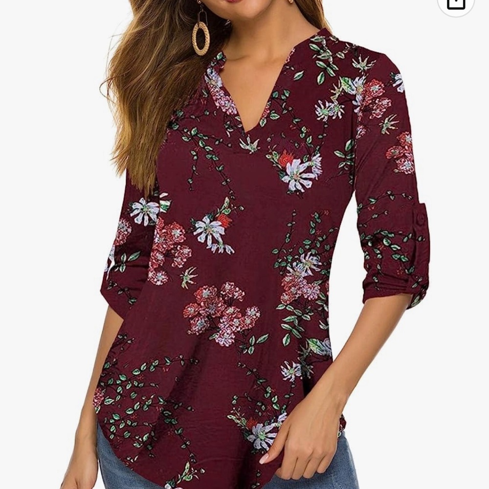 Roll Up 3/4 Sleeve Floral Print V Neck Tunic Blouses Tops Shirts